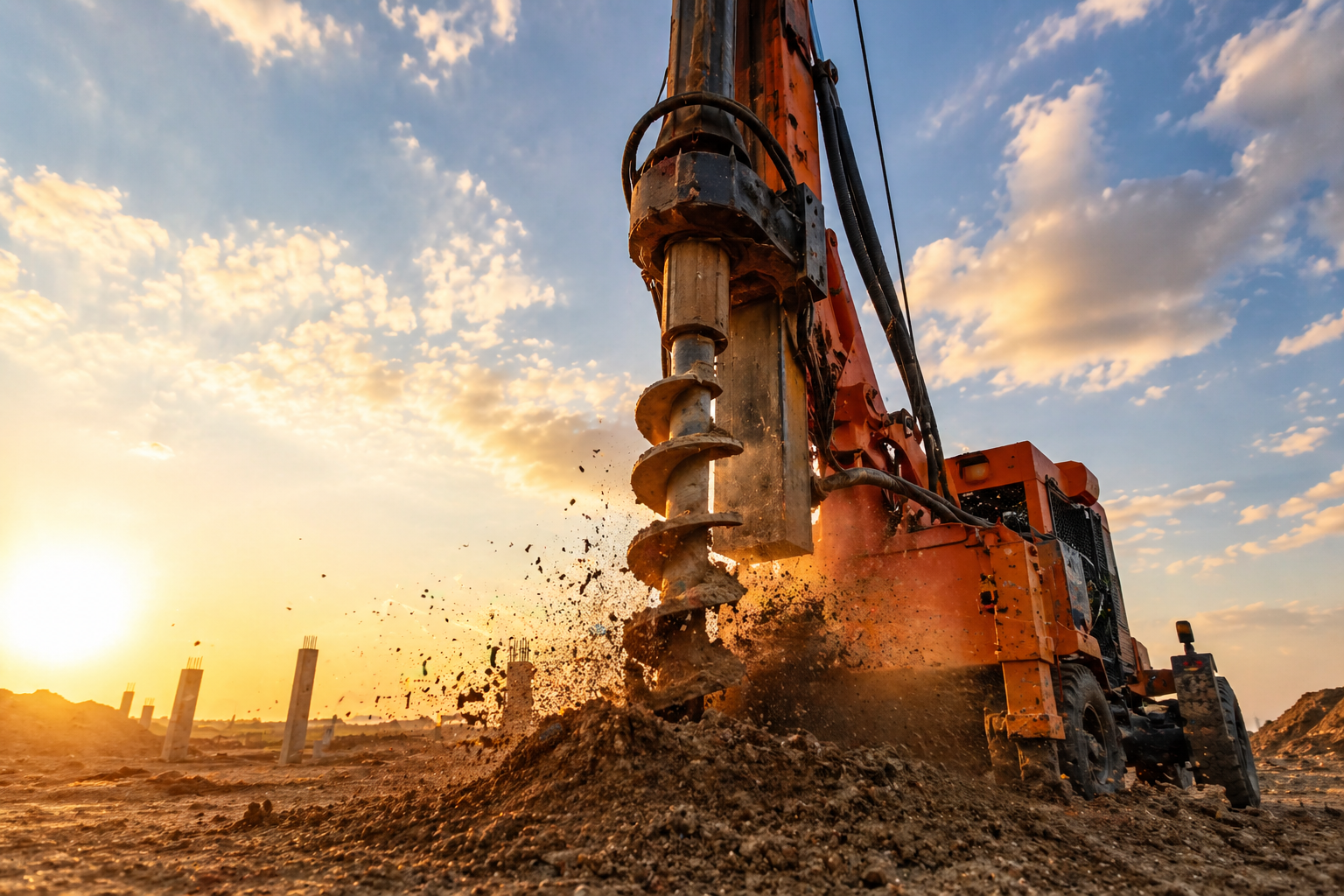Máquina trado perfurando o solo em obra pesada